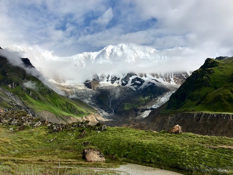 Annapurna in the Monsoon Day 8: Trekking Through the Summer Plateau | Annapurna I summit covered in snow viewed from ABC