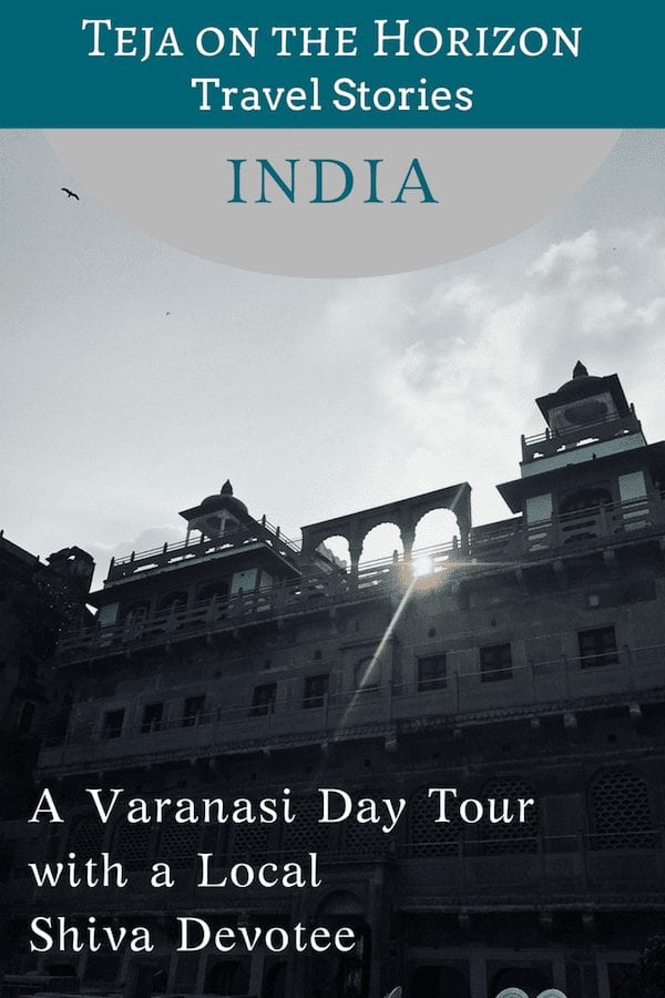 Pinterest image for a travel story 'A Varanasi Day Tour with a Local Shiva Devotee' | Sun glinting through the parapet of a medieval heritage building by the Ganges in Varanasi, India