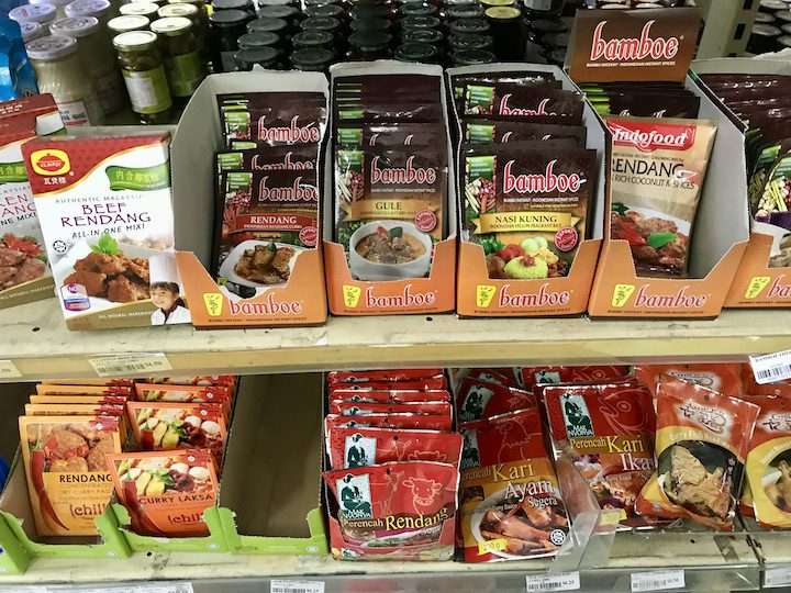 Malaysian and Indonesian cuisine packet sauces in a Cairns grocery shop