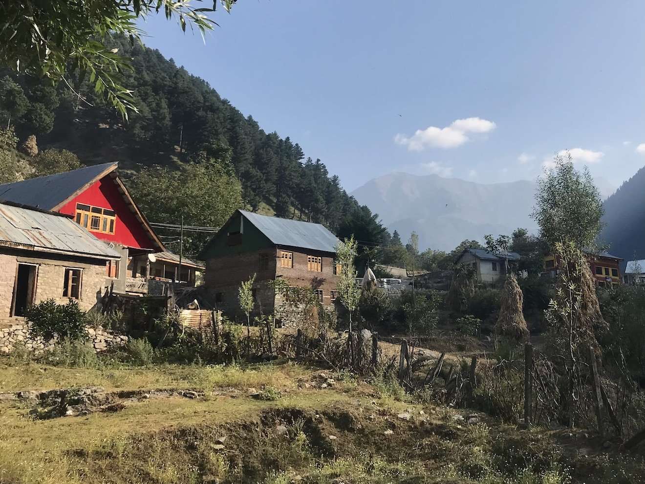 Morning sun shining on Naranag village houses