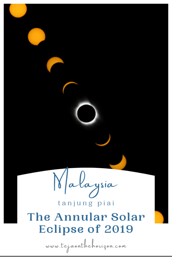 Pin image for a Teja on the Horizon article about the 2019 annular solar eclipse as seen from Tanjung Piai, where the Malaysian National Planetarium organised a sunlight sonification demonstration to explore how blind people might experience an eclipse as well. The pin shows a composite image of a solar eclipse progression, and titled 'The Annular Solar Eclipse of 2019'. 
