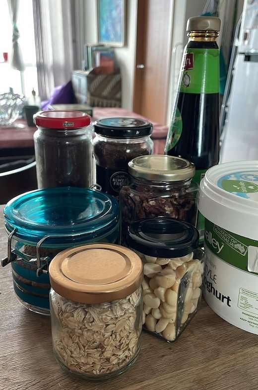 Dry goods and soy sauce refilled from the bulk foods store