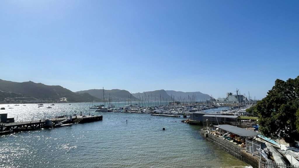 Simon's Town waterfront and marina viewed from inside the boardwalk centre building.