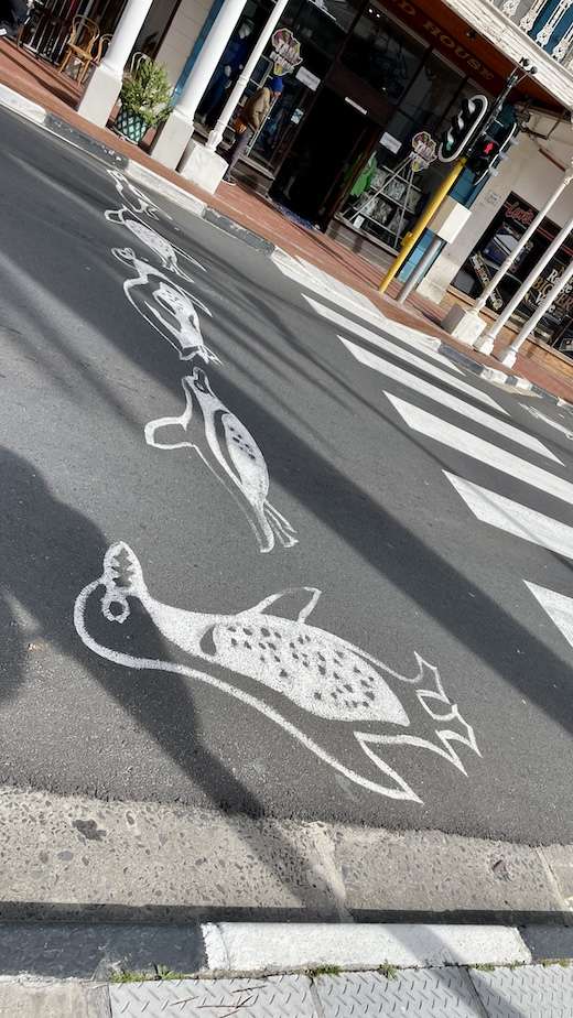 Penguin cartoons painted on the road next to a zebra crossing in Simon's Town.